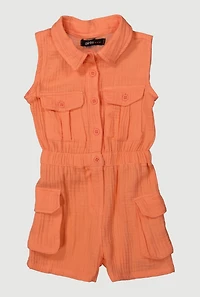Toddler Girls Gauze Knit Button Front Utility Romper,