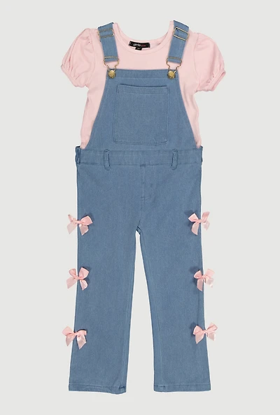 Toddler Girls Puff Sleeve Shirt and Bow Detail Overall Jumpsuit