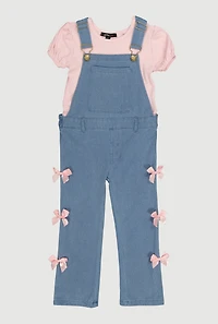 Toddler Girls Puff Sleeve Shirt and Bow Detail Overall Jumpsuit