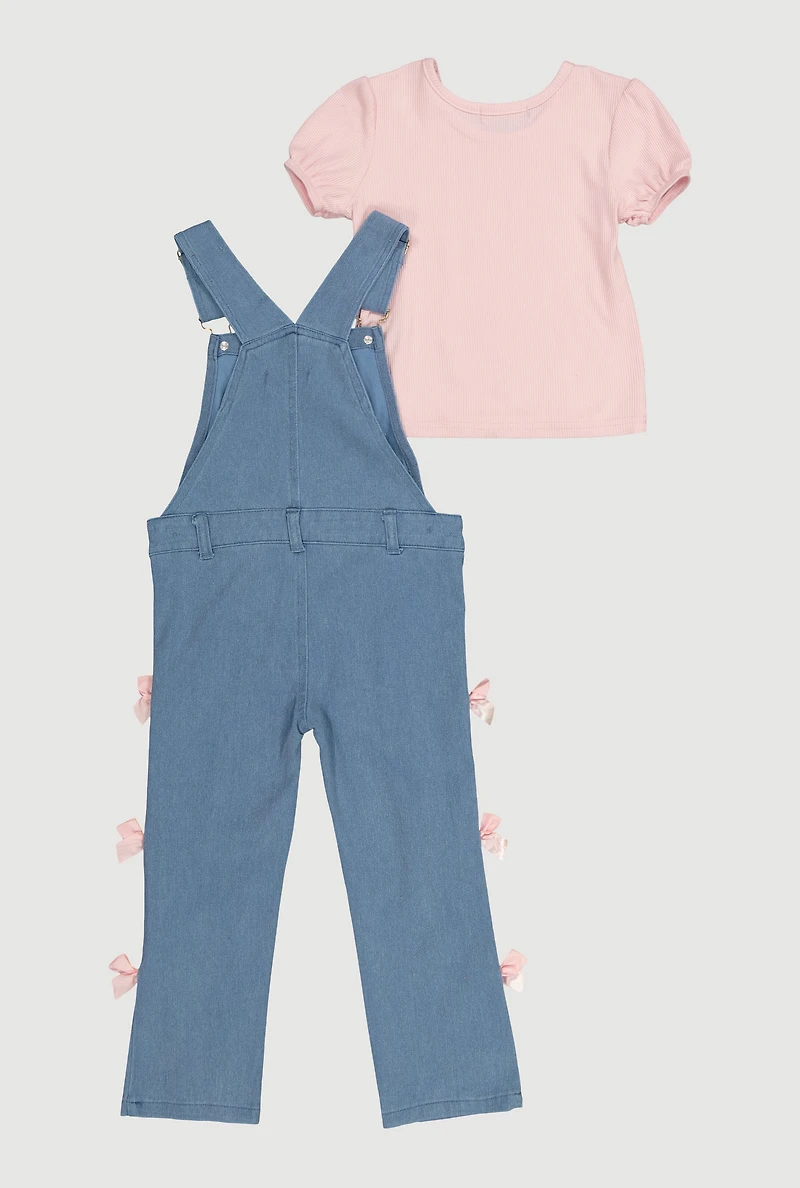 Toddler Girls Puff Sleeve Shirt and Bow Detail Overall Jumpsuit