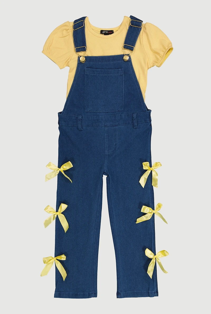 Toddler Girls Puff Sleeve Shirt and Bow Detail Overall Jumpsuit