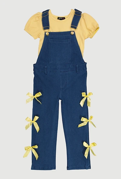 Toddler Girls Puff Sleeve Shirt and Bow Detail Overall Jumpsuit