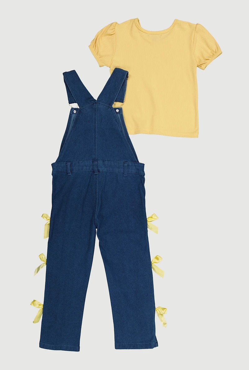 Toddler Girls Puff Sleeve Shirt and Bow Detail Overall Jumpsuit