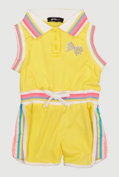 Toddler Girls Rhinestone Bow Polo Collar Striped Trim Romper
