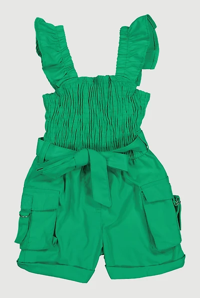 Toddler Girls Tie Waist Belted Smocked Cargo Romper