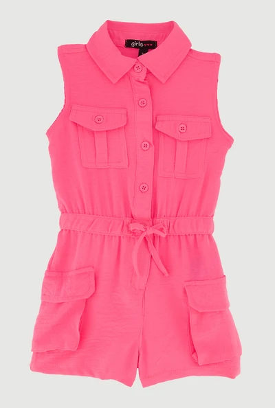 Toddler Girls Drawstring Waist Button Front Cargo Romper