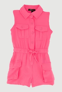 Toddler Girls Drawstring Waist Button Front Cargo Romper