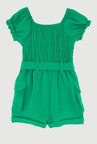 Toddler Girls Puff Sleeve Tie Waist Belted Cargo Romper
