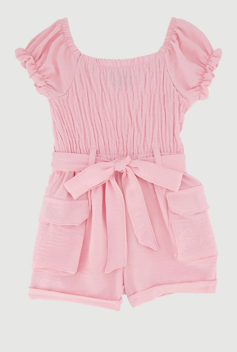 Toddler Girls Puff Sleeve Tie Waist Belted Cargo Romper