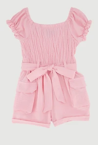 Toddler Girls Puff Sleeve Tie Waist Belted Cargo Romper