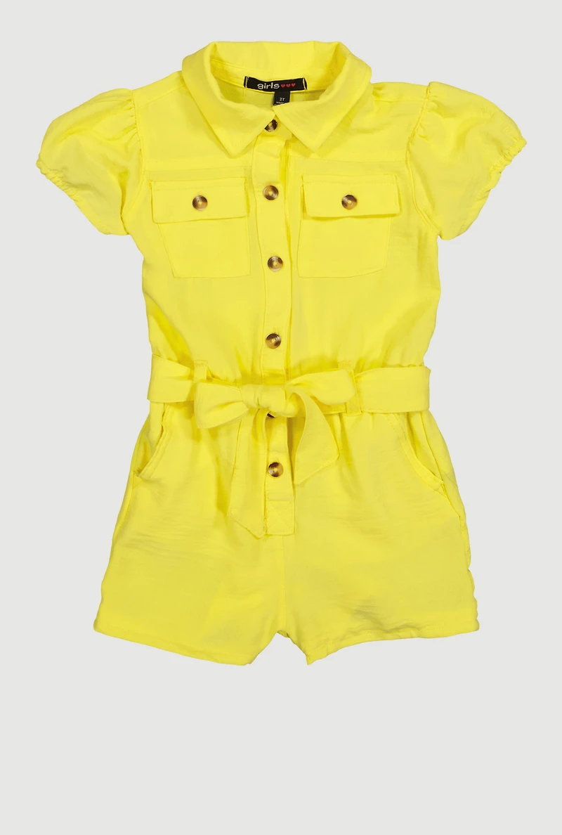 Toddler Girls Button Front Tie Wait Belted Romper