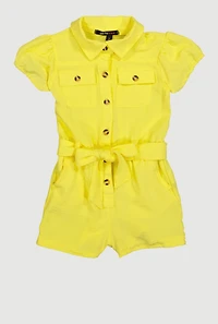 Toddler Girls Button Front Tie Wait Belted Romper