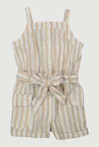 Toddler Girls Lurex Striped Cargo Pocket Romper, Beige, Size 2T