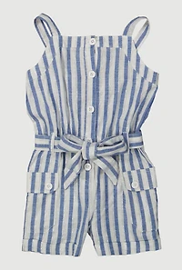 Toddler Girls Lurex Striped Cargo Pocket Romper, Blue, Size 3T