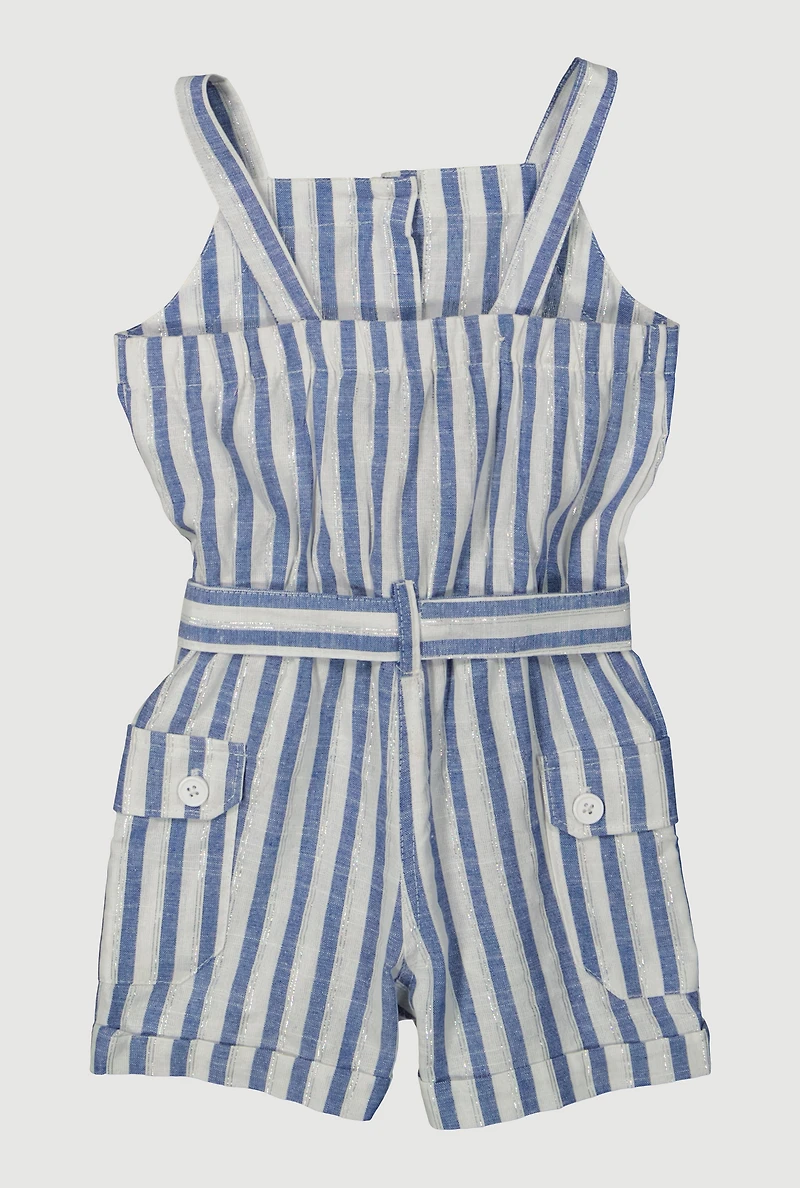 Toddler Girls Lurex Striped Cargo Pocket Romper, Blue, Size 3T