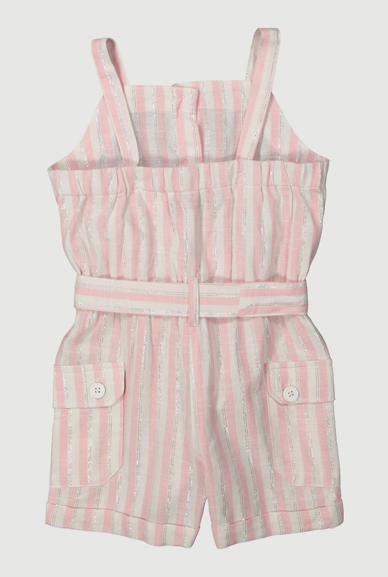 Toddler Girls Lurex Striped Cargo Pocket Romper, Pink, Size 3T