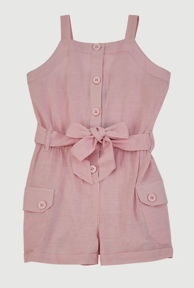 Toddler Girls Button Front Tie Waist Belted Romper, Pink,