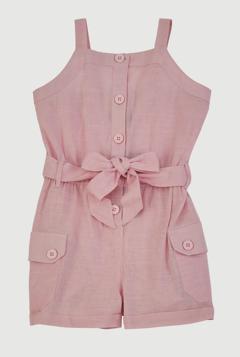 Toddler Girls Button Front Tie Waist Belted Romper, Pink, Size 3T