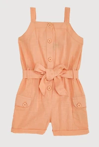 Toddler Girls Button Front Tie Waist Belted Romper,