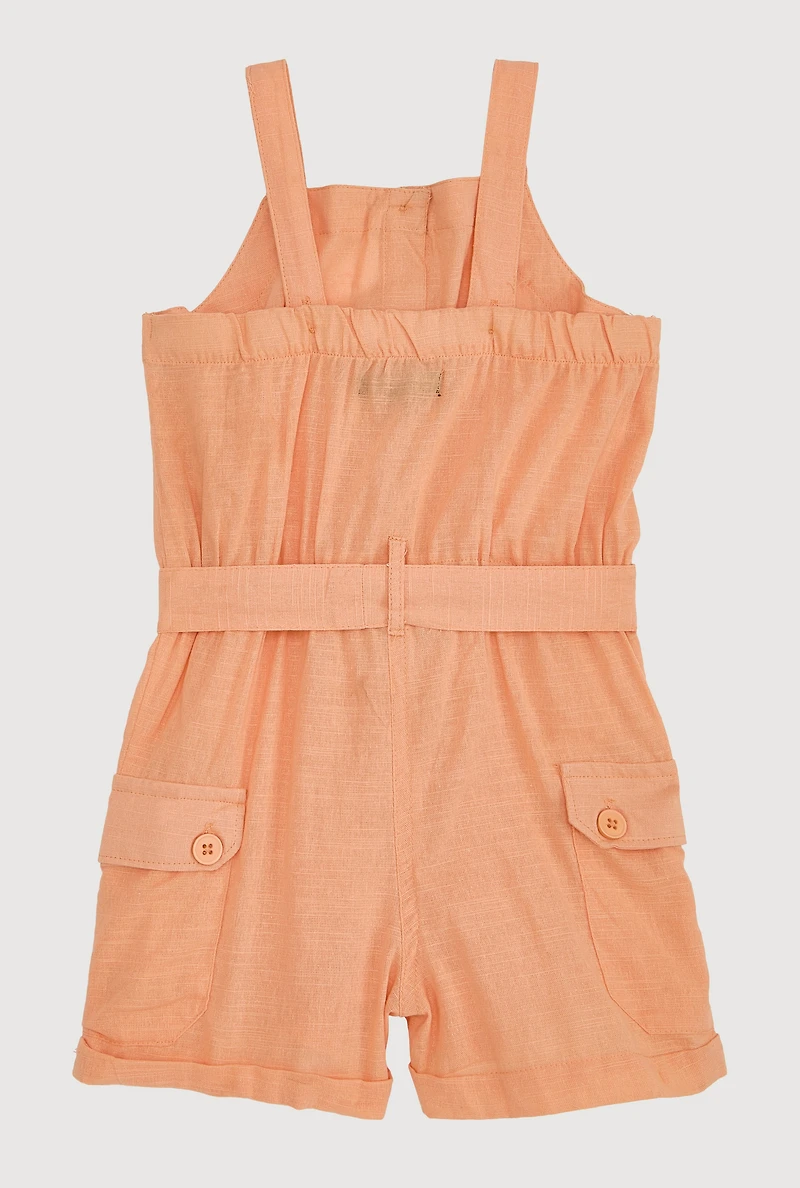Toddler Girls Button Front Tie Waist Belted Romper,