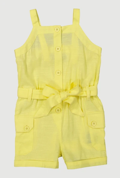 Toddler Girls Button Front Tie Waist Belted Romper, Yellow, Size 3T