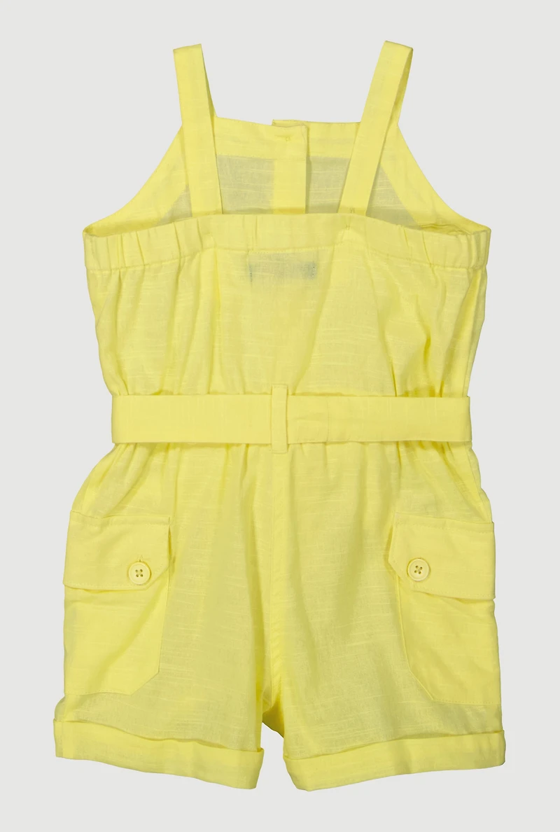 Toddler Girls Button Front Tie Waist Belted Romper, Yellow, Size 4T