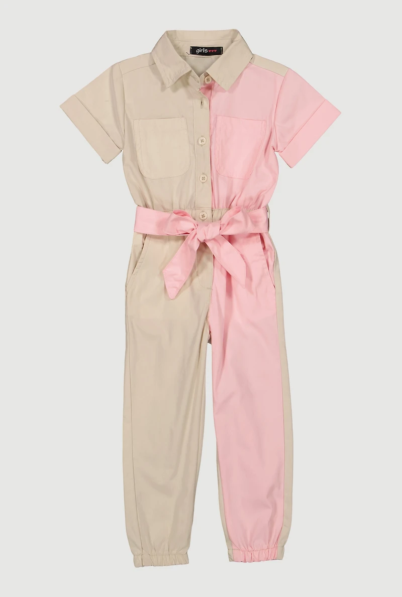 Toddler Girls Two Tone Poplin Tie Waist Belted Jumpsuit, Multi, Size 2T