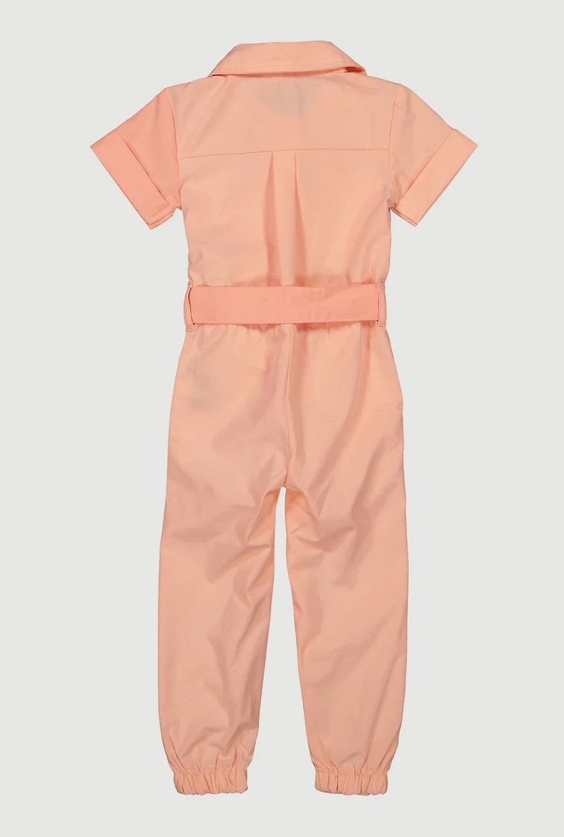 Toddler Girls Two Tone Poplin Tie Waist Belted Jumpsuit, Orange, Size 2T