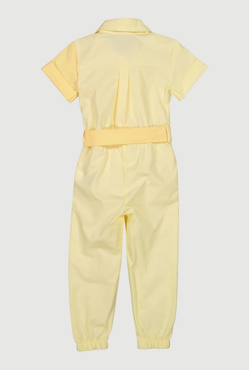 Toddler Girls Two Tone Poplin Tie Waist Belted Jumpsuit, Yellow,