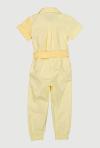 Toddler Girls Two Tone Poplin Tie Waist Belted Jumpsuit, Yellow,
