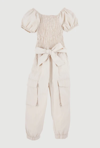 Toddler Girls Puff Sleeve Cargo Jumpsuit, Beige,
