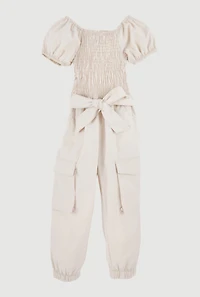 Toddler Girls Puff Sleeve Cargo Jumpsuit, Beige,