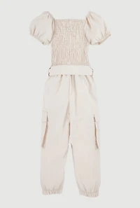 Toddler Girls Puff Sleeve Cargo Jumpsuit,