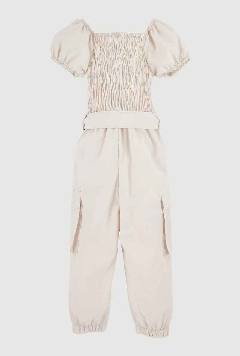Toddler Girls Puff Sleeve Cargo Jumpsuit, Beige,