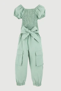 Toddler Girls Puff Sleeve Cargo Jumpsuit, Green, Size 2T