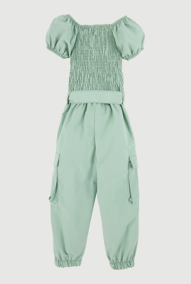 Toddler Girls Puff Sleeve Cargo Jumpsuit, Green, Size 2T