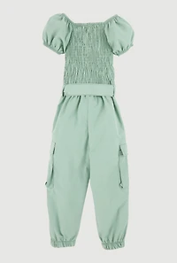 Toddler Girls Puff Sleeve Cargo Jumpsuit, Green, Size 2T