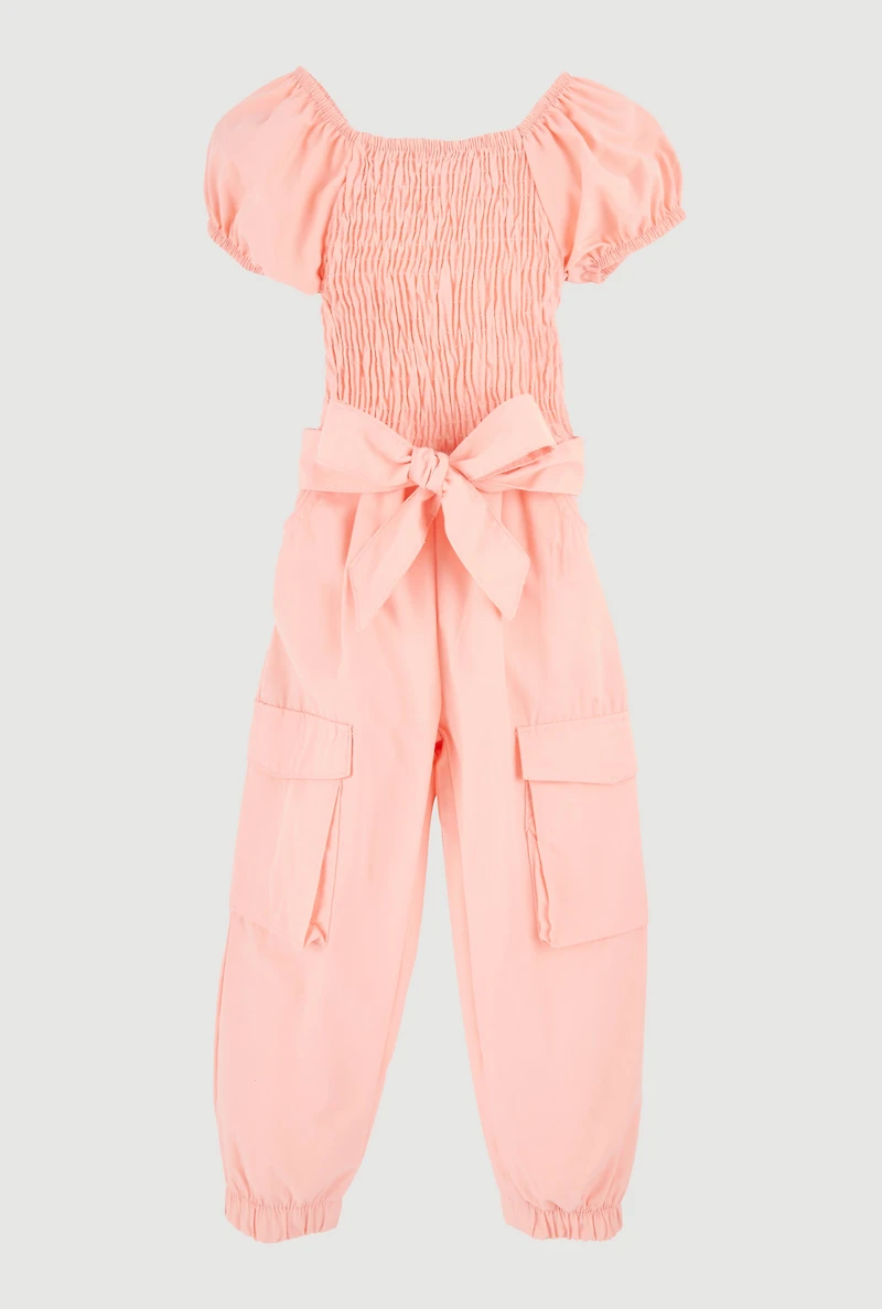 Toddler Girls Puff Sleeve Cargo Jumpsuit, Orange, Size 3T