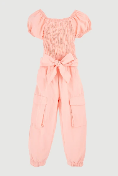 Toddler Girls Puff Sleeve Cargo Jumpsuit, Orange, Size 3T