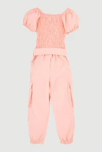 Toddler Girls Puff Sleeve Cargo Jumpsuit, Orange, Size 3T