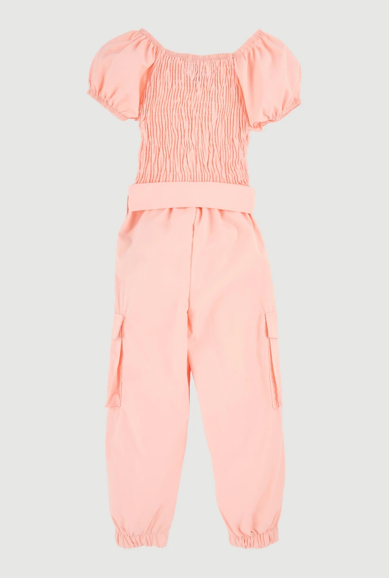 Toddler Girls Puff Sleeve Cargo Jumpsuit, Orange, Size 2T