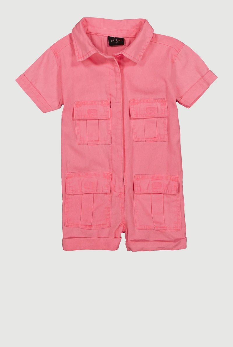 Toddler Girls Mineral Wash Utility Romper, Pink, Size 2T