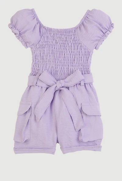 Toddler Girls Airy Smocked Cargo Pocket Romper, Purple, Size 2T