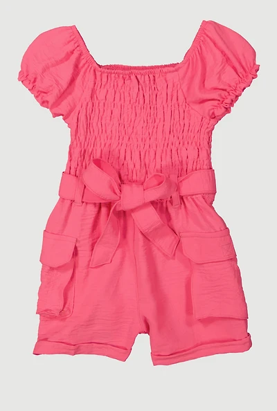 Toddler Girls Airy Smocked Cargo Pocket Romper, Pink, Size 2T