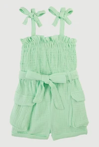 Toddler Girls Gauze Knit Bow Strap Tie Waist Romper,