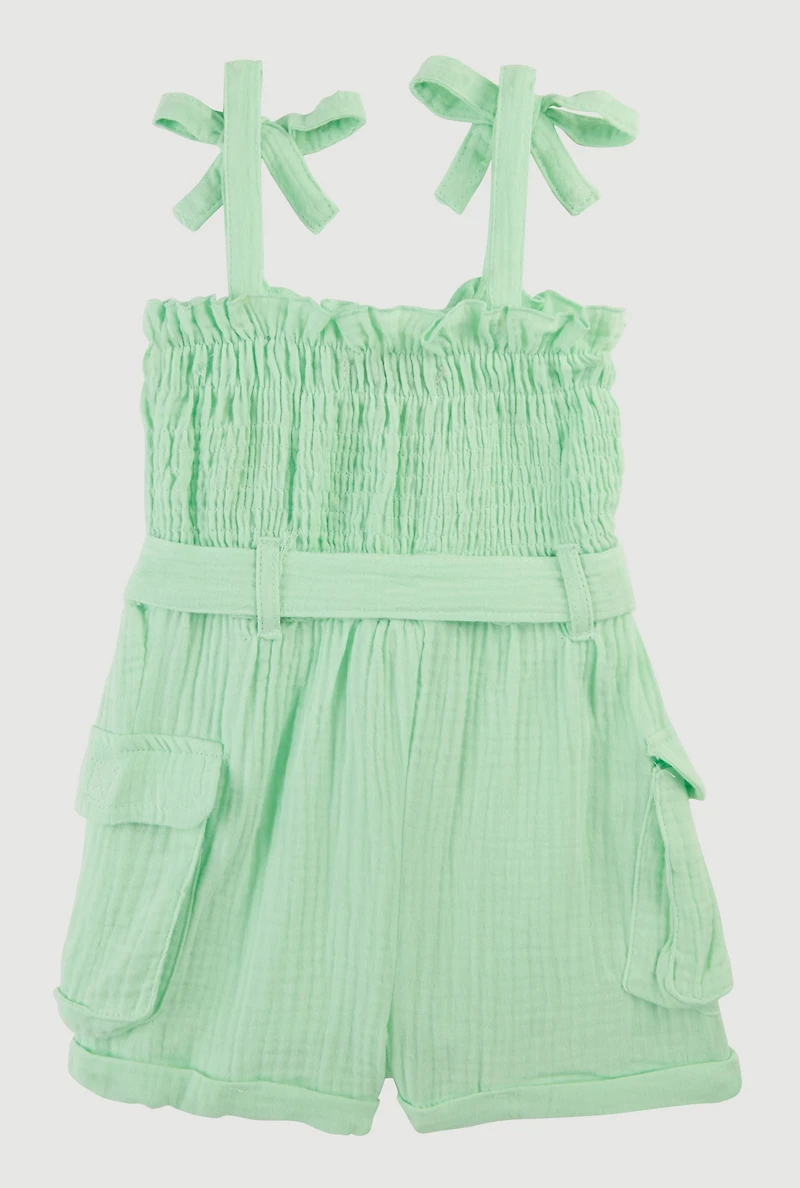 Toddler Girls Gauze Knit Bow Strap Tie Waist Romper,