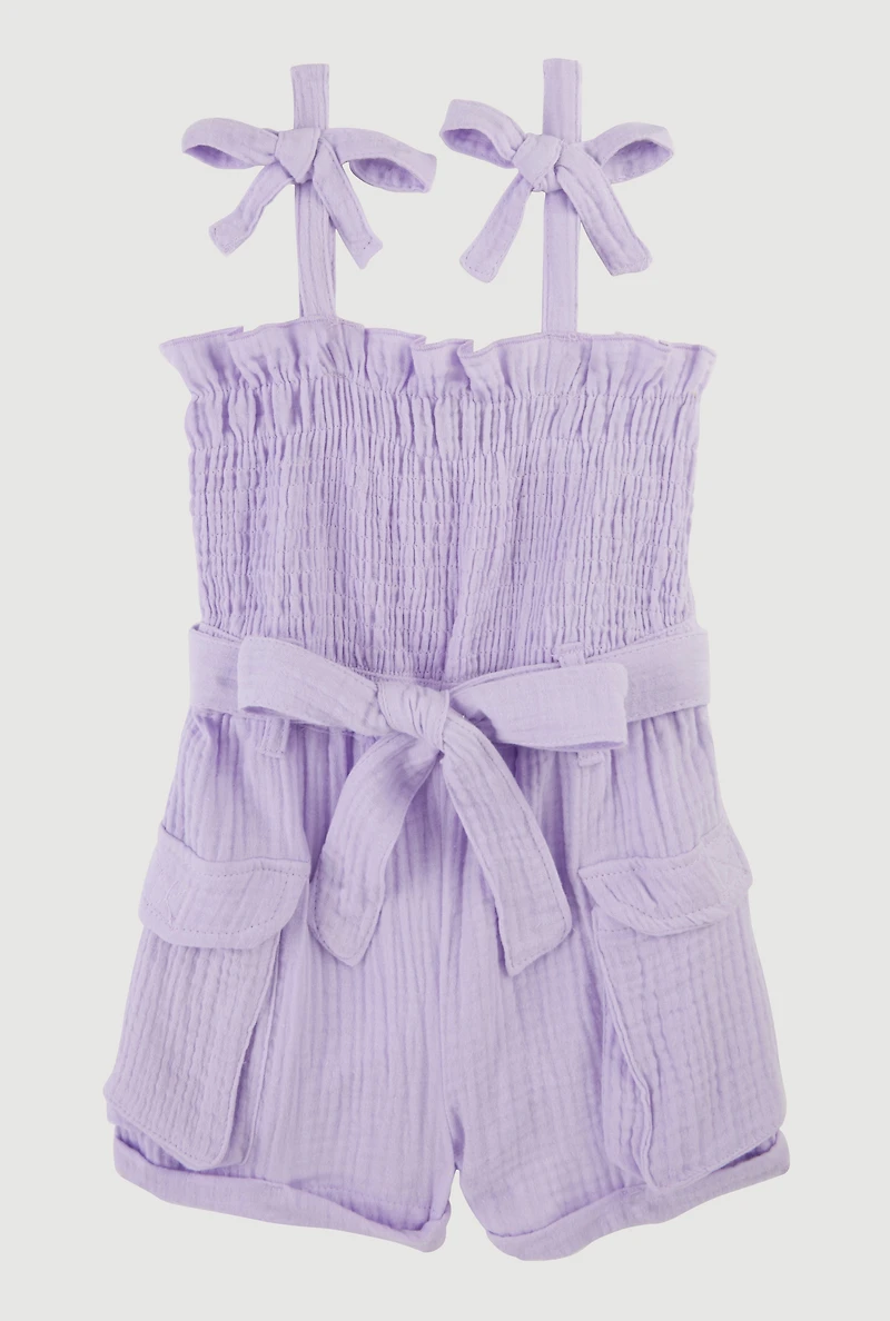 Toddler Girls Gauze Knit Bow Strap Tie Waist Romper, Purple, Size 2T