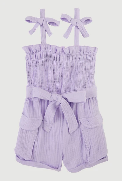 Toddler Girls Gauze Knit Bow Strap Tie Waist Romper, Purple, Size 2T