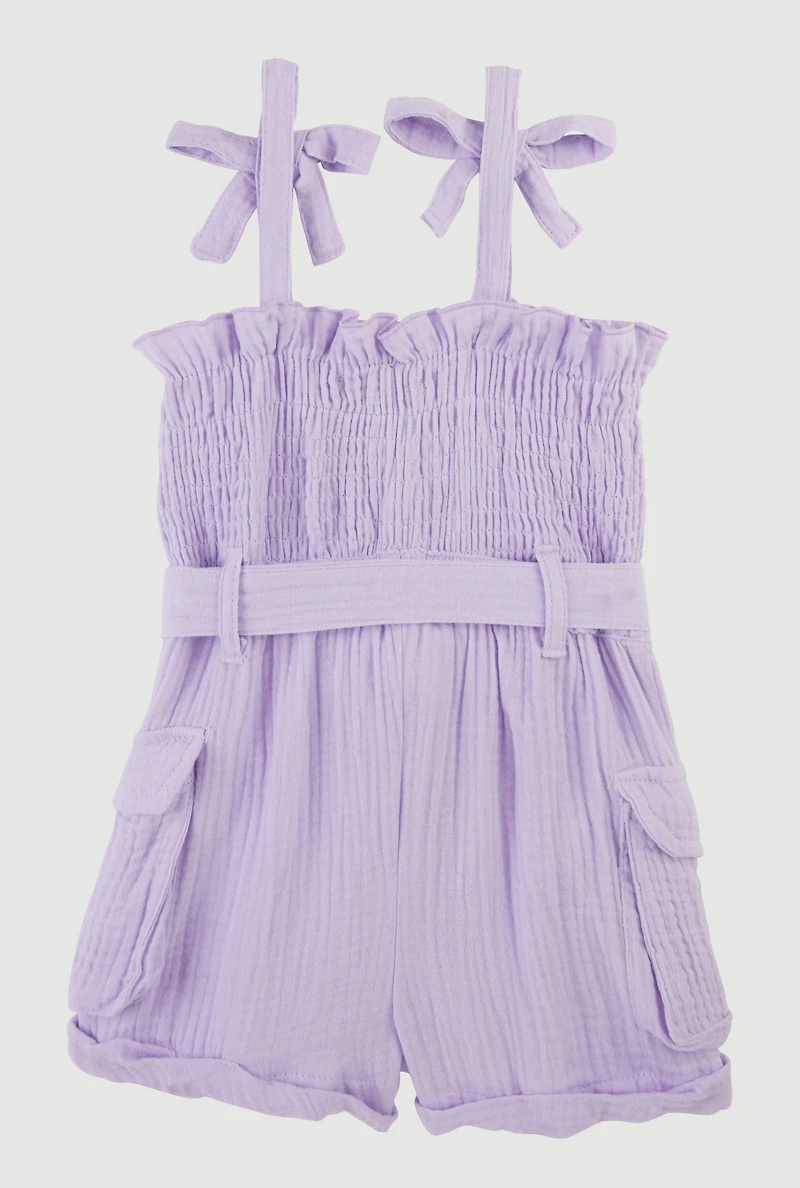 Toddler Girls Gauze Knit Bow Strap Tie Waist Romper, Purple, Size 2T