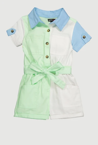 Toddler Girls Color Block Twill Romper with Tie Waist Belt, Multi, Size 3T